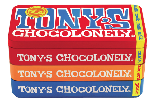 Chocolade Tony’s Chocolonely puur-melk en karamel zeezout blik 540gr