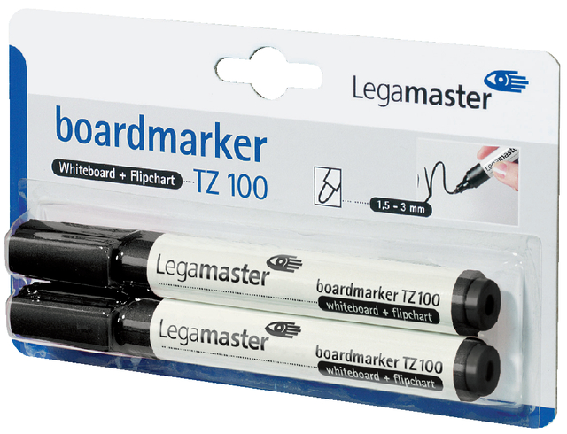 Viltstift Legamaster TZ 100 whiteboard rond 1.5-3mm zwart blister à 2 stuks