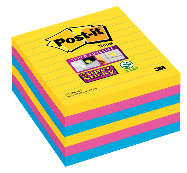 Memoblok Post-it 675 Super Sticky 101x101mm lijn Rio