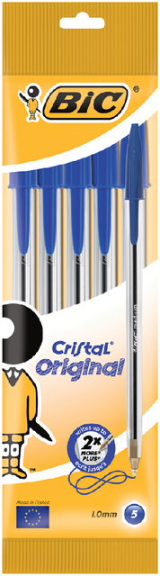 Balpen Bic Cristal medium blauw blister à 5 stuks