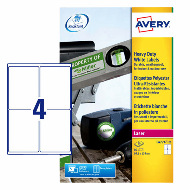 Etiket Avery L4774-20 99.1x139mm polyester wit 80stuks