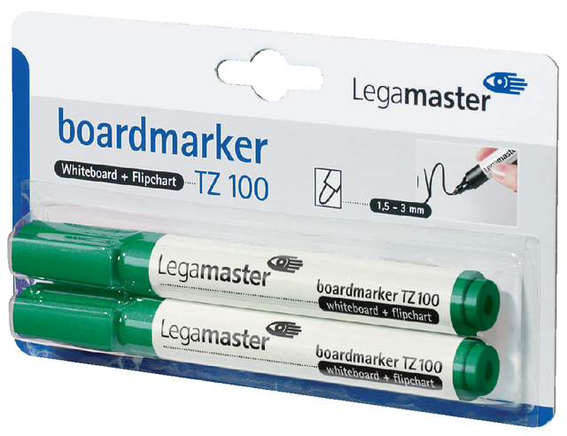 Viltstift Legamaster TZ 100 whiteboard rond 1.5-3mm groen blister à 2 stuks