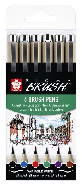 Brushpen Sakura Pigma set 6 kleuren