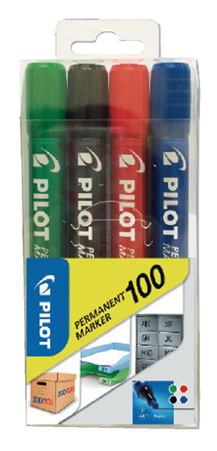 Viltstift PILOT 100 rond fijn assorti blister à 4 stuks