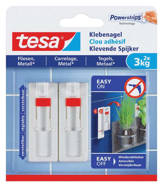 Klevende Spijker tesa® tegels & metaal 3kg verstelbaar wit 2 stuks