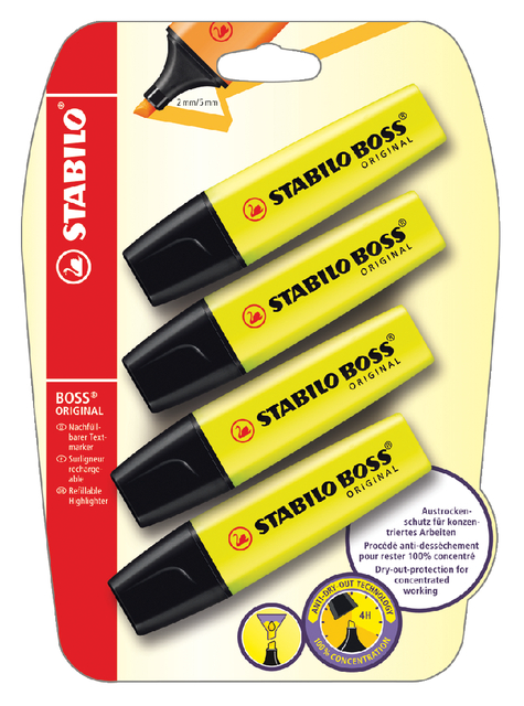 Markeerstift STABILO BOSS Original 70/24 geel blister à 4 stuks