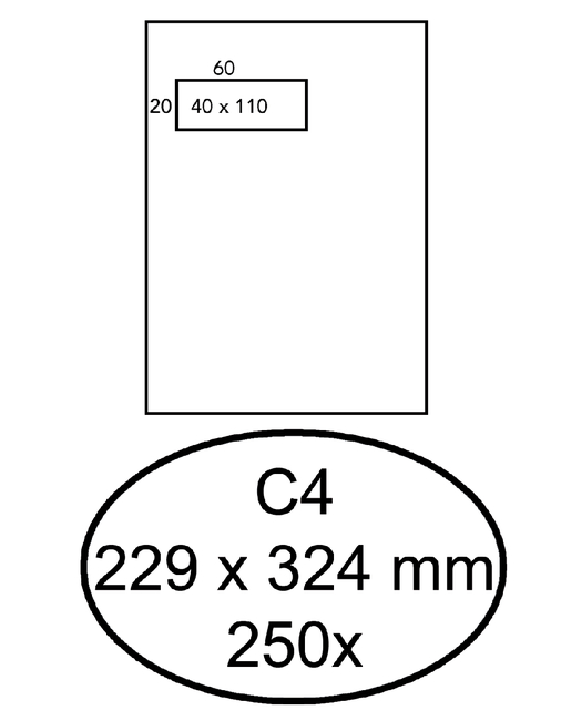 Envelop Hermes akte C4 229x324mm venster 4x11links 250stuks