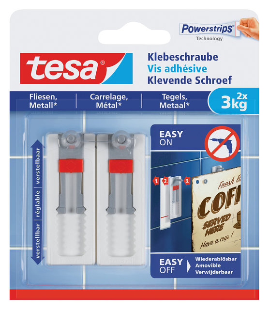 Klevende schroef tesa® tegels & metaal 3kg verstelbaar wit