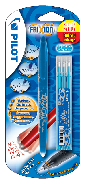 Rollerpen PILOT friXion medium lichtblauw blister à 1 stuk + 3 vullingen