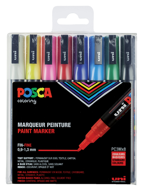 Verfstift Posca PC3M fijn assorti set à 8 stuks