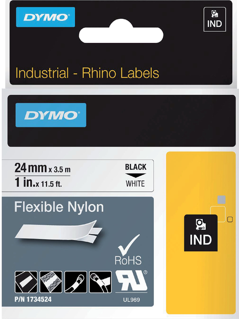 Labeltape Dymo Rhino industrieel nylon 24mm zwart op wit