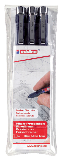 Fineliner edding 1800 0.25mm – 0.35mm – 0.5mm zwart set à 3 stuks