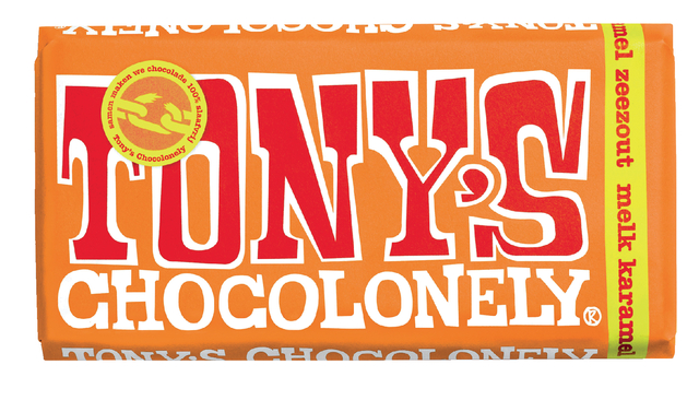 Chocolade Tony’s Chocolonely melk karamel zeezout reep 180gr